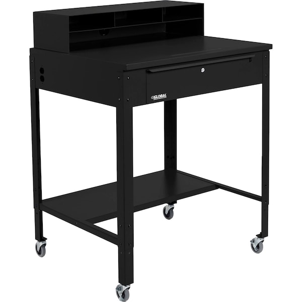 Global Industrial Flat Surfaced Mobile Shop Desk w/ Pigeonhole Riser, 34-1/2inW x 30inD, Black 319355CBK - main